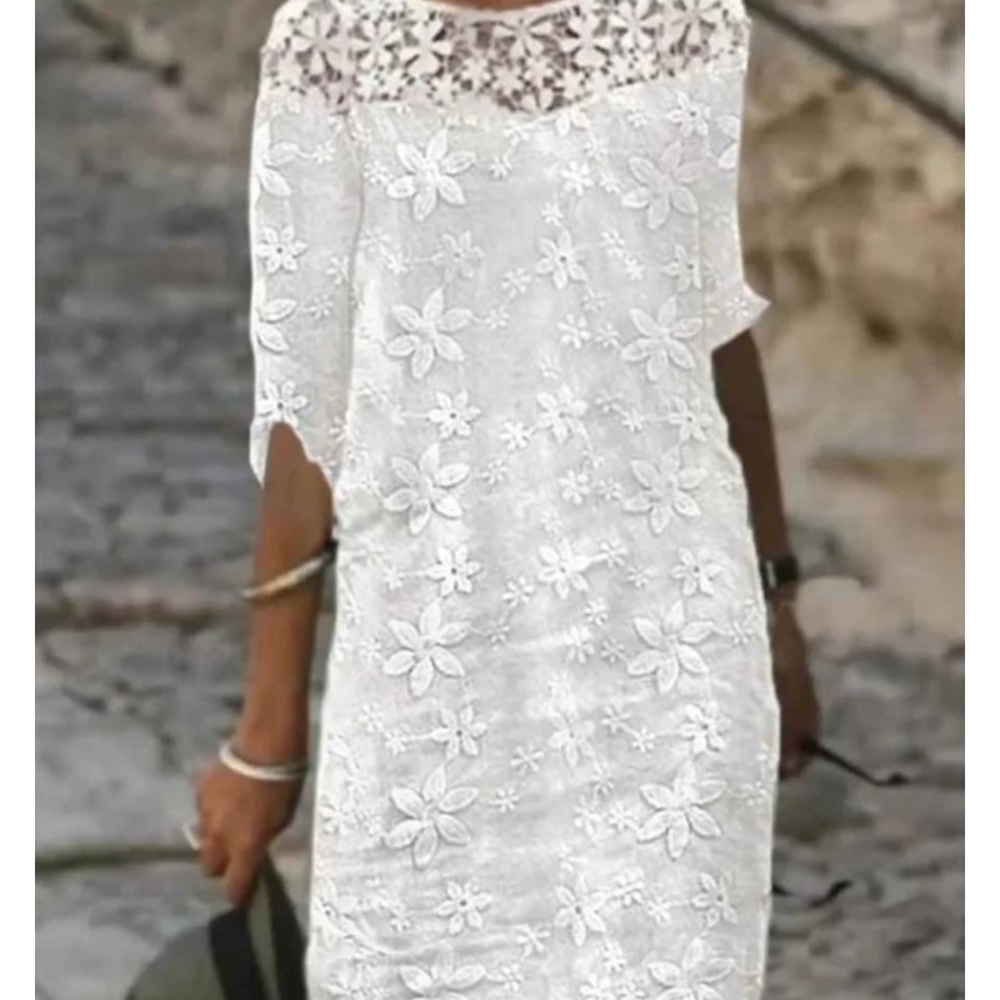 White Sheath Dress with Dolman Sleeves and Crew Neck